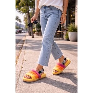 UGG Oh Yeah Slide Yellow Orange Pink Rainbow Fuzzy Furry Slippers SIZE 8